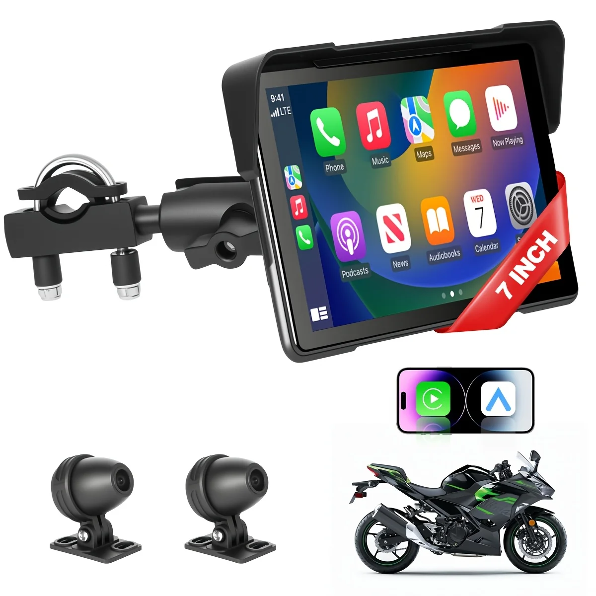 

All-in-One 7" Sunlight Readable Motorcycle GPS with Dual Camera & Wireless CarPlay for Cruiser and Adventure Touring
