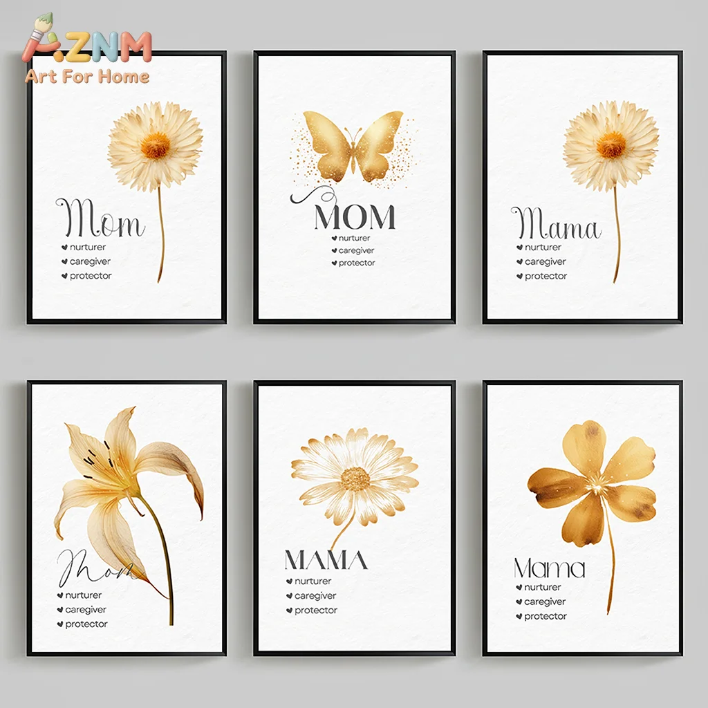 AZNM Golden Floral Butterfly Mom Mama Quote Canvas Print Minimalist Neutral Watercolor Flower Wall Poster Unframed Mother Gift H