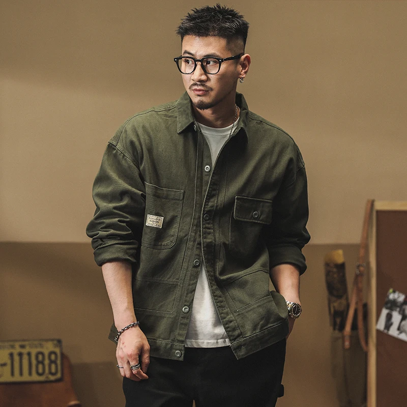 

6011 American cotton men's loose fit casual lapel top heavy duty workwear long sleeve denim shirt