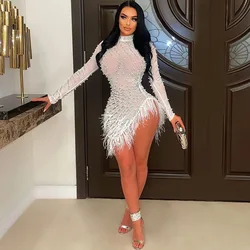 Sexy Pearls Rhinestone Party Dresses Women Elegance Nightclub Feather Birthday Dress Long Sleeve Mesh Sheer Bodycon Mini Dress