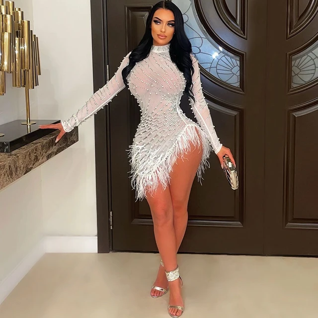 Sexy Pearls Rhinestone Party Dresses Women Elegance Nightclub Feather Birthday Dress Long Sleeve Mesh Sheer Bodycon Mini Dress AliExpress