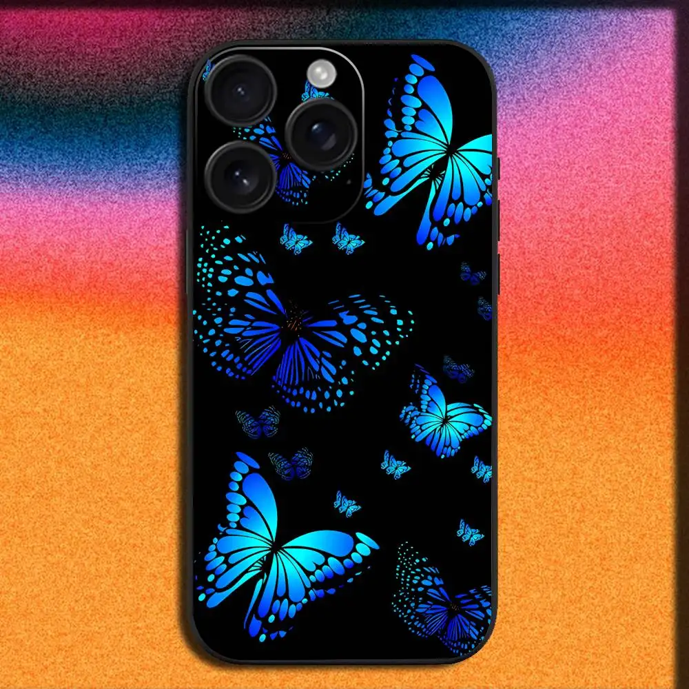 Custodia per telefono con farfalla blu per iPhone 17,16,15,14,13,12,11,Pro,Max,Plus,E,SE4,Air,Mini Cover nera