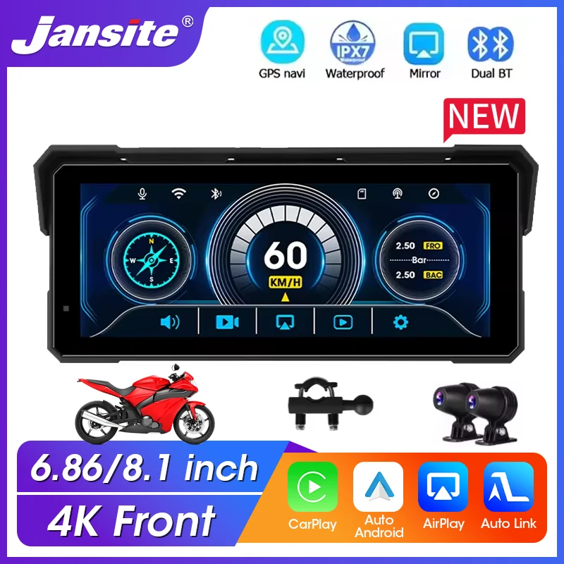 6.86/8.1 Inch 4K DVR for Motorcycle Navigation Waterproof for Carplay Screen Portable Motobike Wireless Android Auto BT Monitor