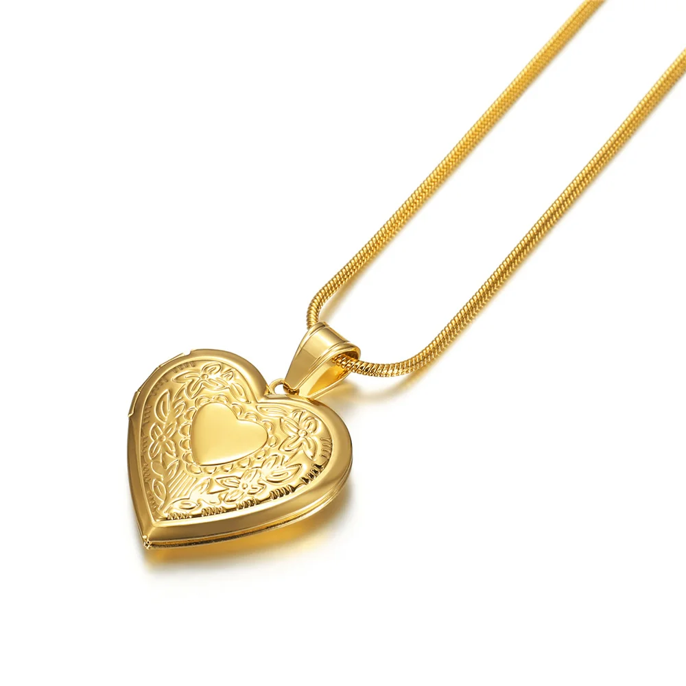 High End Love Heart Photo Locket Pendant Necklace Stainless Steel Snake Chain Gold Color Memory DIY Openable Jewelry For Women
