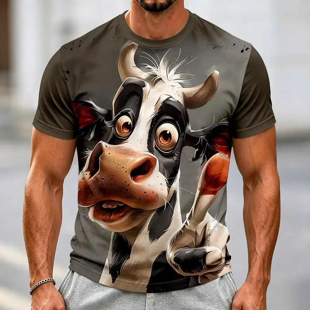 Herren-T-Shirt mit 3D-Druck und Stickerei, Rundhalsausschnitt – Lustige Kuh mit großem Gesicht, realistische Cartoon-Tiermuster, lässiges Party- und Elternhemd – Detail 5