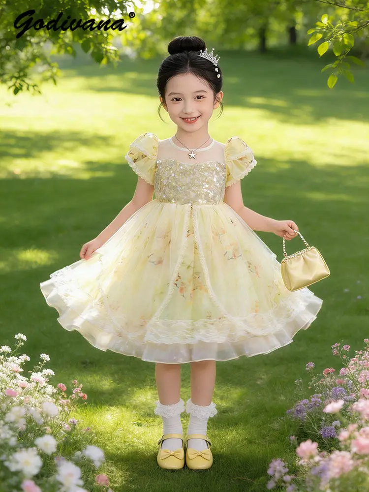 2026 Summer New Sweet Girls Lolita Princess Dress Kids Puff Sleeve Slim Fashion Sequin Floral Print  High Waist Mesh Tutu Gown