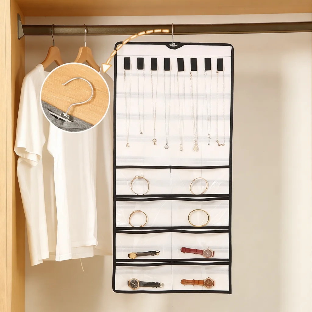 Wall Hanging Jewelry Organizer Double Sided Storage Pouch Dustproof Holder For Necklace Earring Bracelet Closet Door Organizer