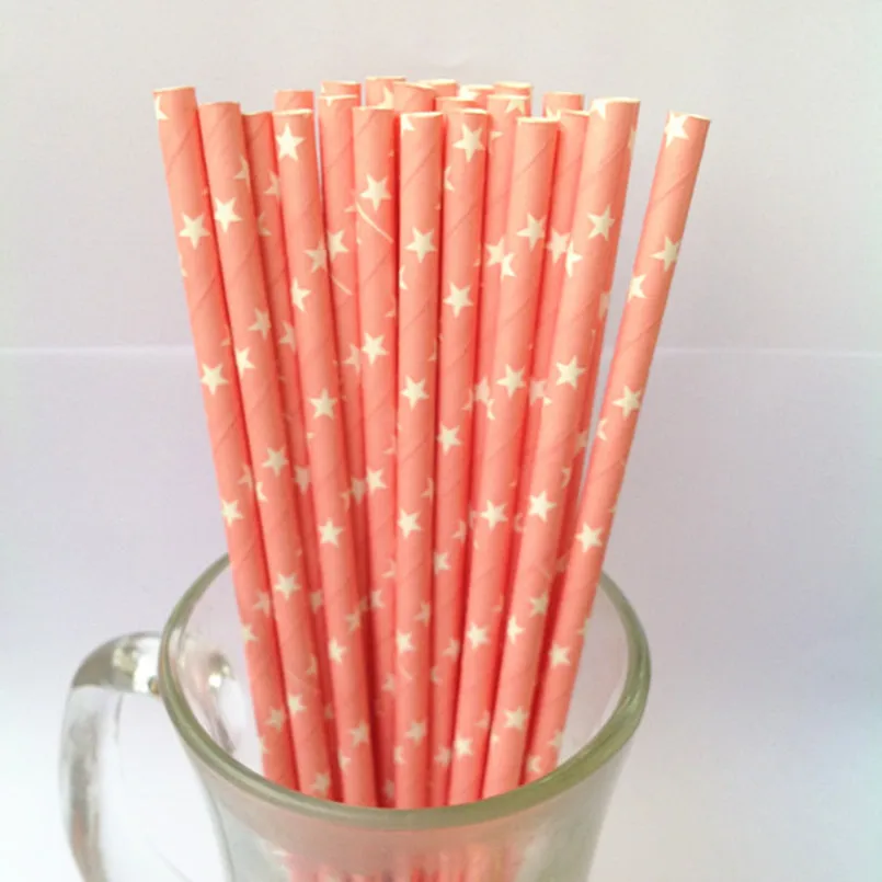 100 Pcs Party White Star Printed Light Pink Paper Straws,Biodegradable Disposable Biodegradable Drinking Bar Juice Cake Pops