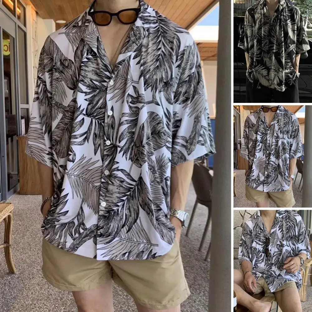 

Summer Shirt Quick Drying Short Sleeve Anti-pilling Summer Tropical Leaves Printed Hawaiian Shirt Men Shirt Dressing Up