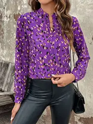 Casual elegant commuting loose V stand collar leopard print fabric cuff open sleeve fork multi-color autumn/winter women's shirt