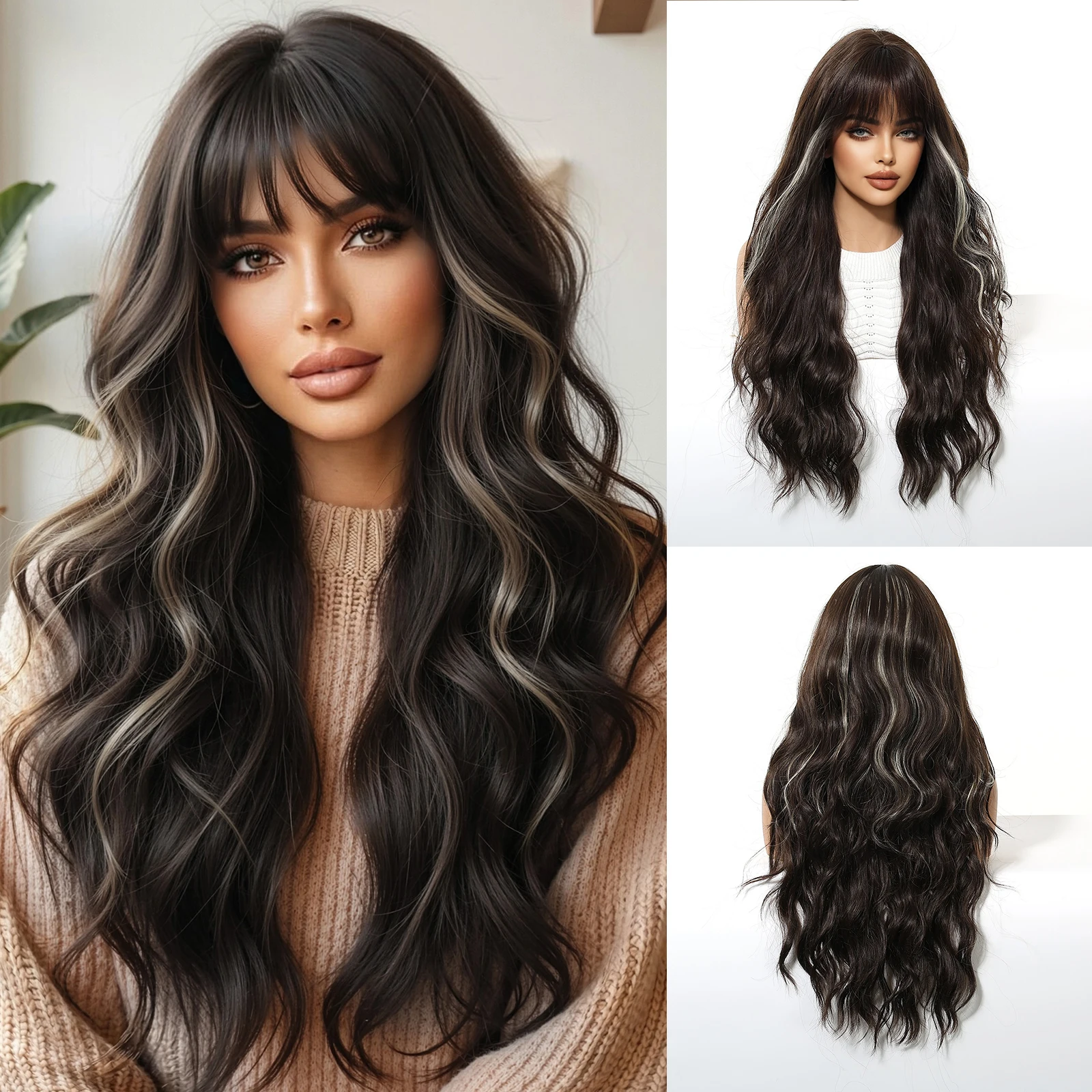 

Длинный волнистый синтетический парик с челкой для женщин, натуральный черный с блондинистыми прядями, термостойкий, для повседневного использования и косплея