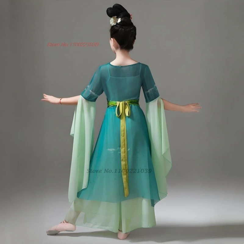 2025年ヴィンテージダンス衣装 伝統的な子供用メッシュ漢服トップス+パンツセット 女の子妖精ドレス トレーニングステージパフォーマンスドレス
