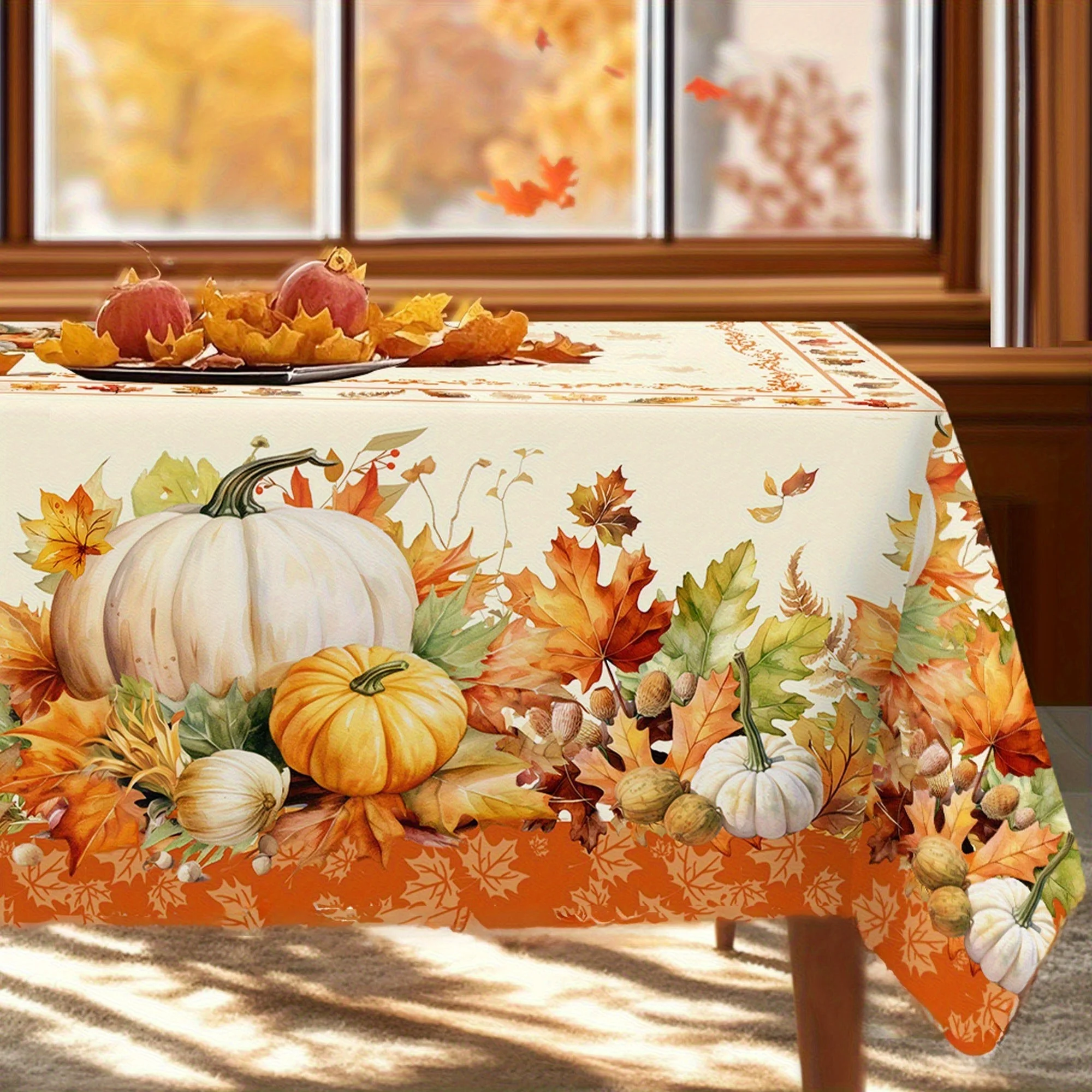 1 piece of autumn harvest tablecloth, featuring designs of pumpkins, maple leaves, pinecones and flowerszyc