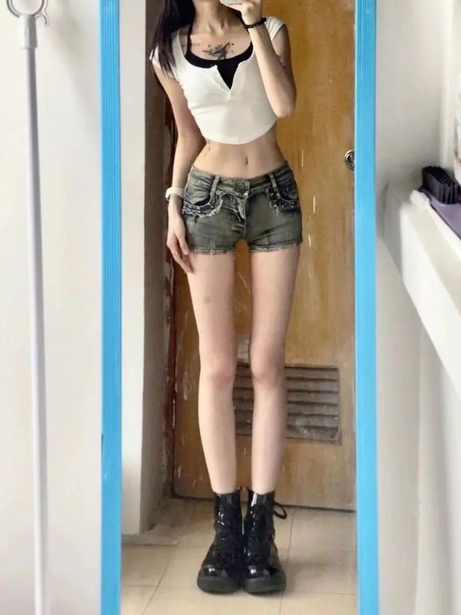 New Woman Designer Low Waist Punk Jeans Girls Aesthetic Elastic High Street Mini Pants Female Sexy Nightclub Summer Denim Shorts view 3