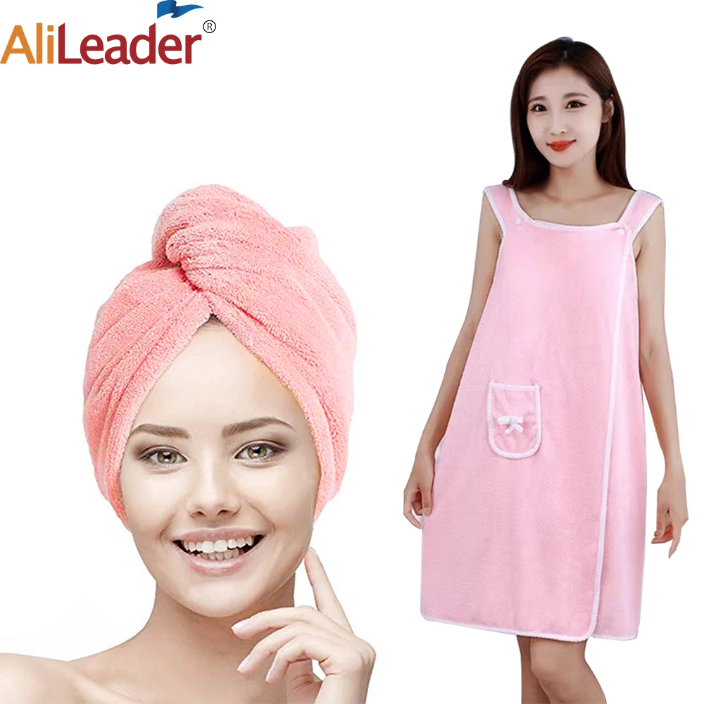 Bath Towel And Turban Hair Towel For Women With Lovely One Pocket Wearable Microfiber Towels 2 Pcs/Set Bathroom Accessories