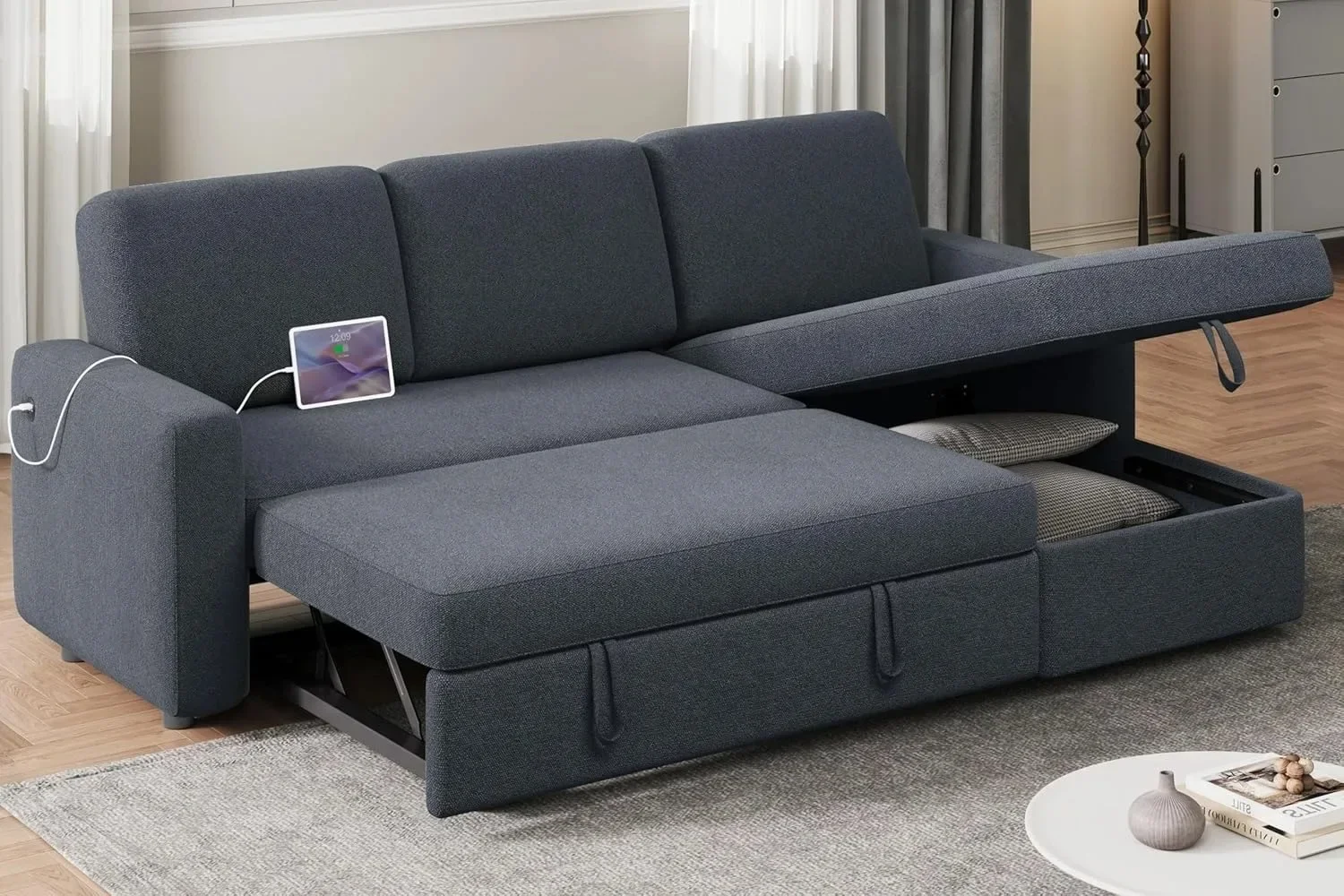 Sectional Sofa L-Shaped Sofa Couch Bed w/Chaise & USB, Reversible Couch Sleeper w/Pull Out Bed & Storage Space sofa set