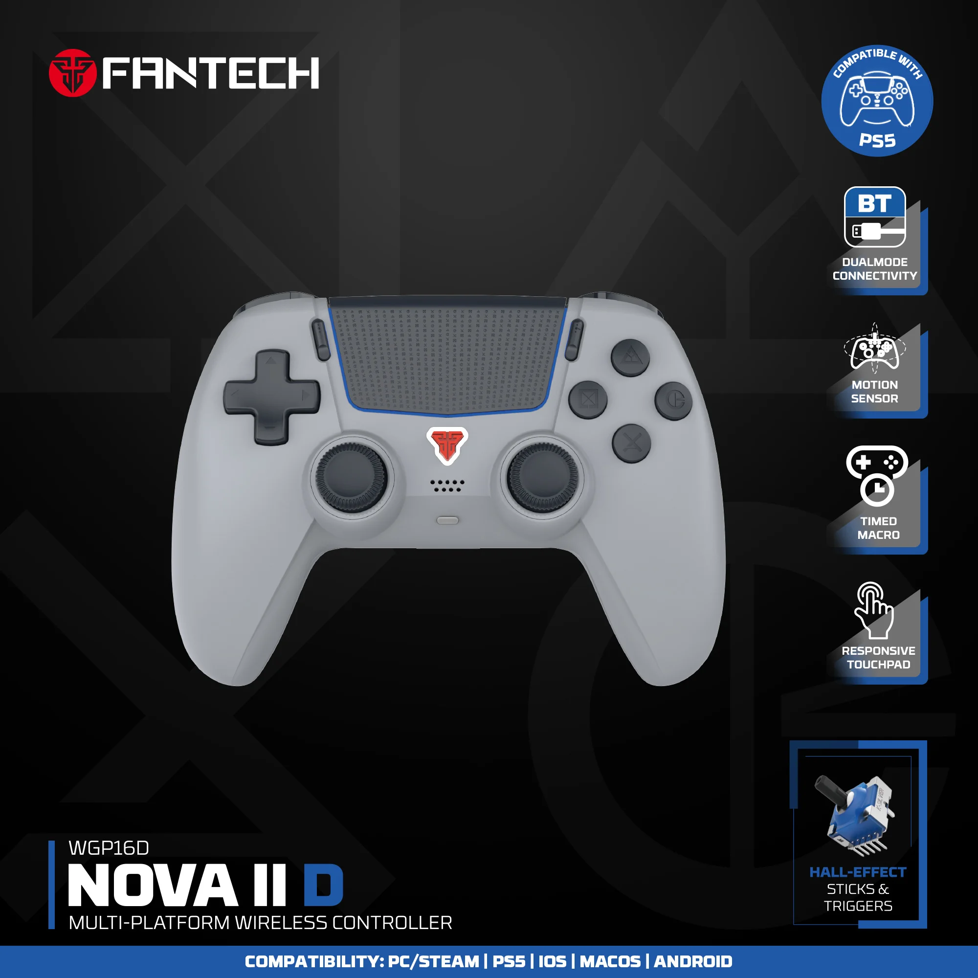

FANTECH NOVA IID WGP16D for PS5 Wireless Game Controller Joystick and Trigger Built-in Gyro Sensor BT5.3 and Wired Gamepad