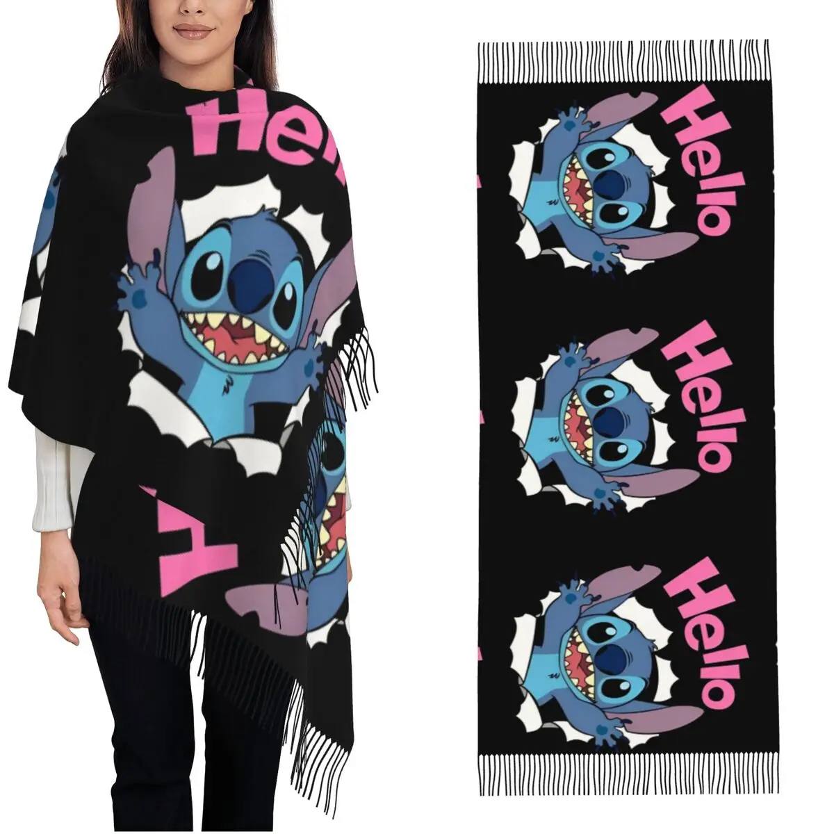 Lilo & Stitch Hello sjaal voor dames winter herfst Pashmina sjaals en wrap cartoon schattige grote sjaals met kwastje dagelijks gebruik