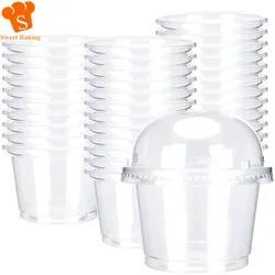 Copo descartável para salada, 50 peças, 250ml, plástico transparente, sobremesa, recipiente com cúpula/tampas planas para sorvete, cupcake