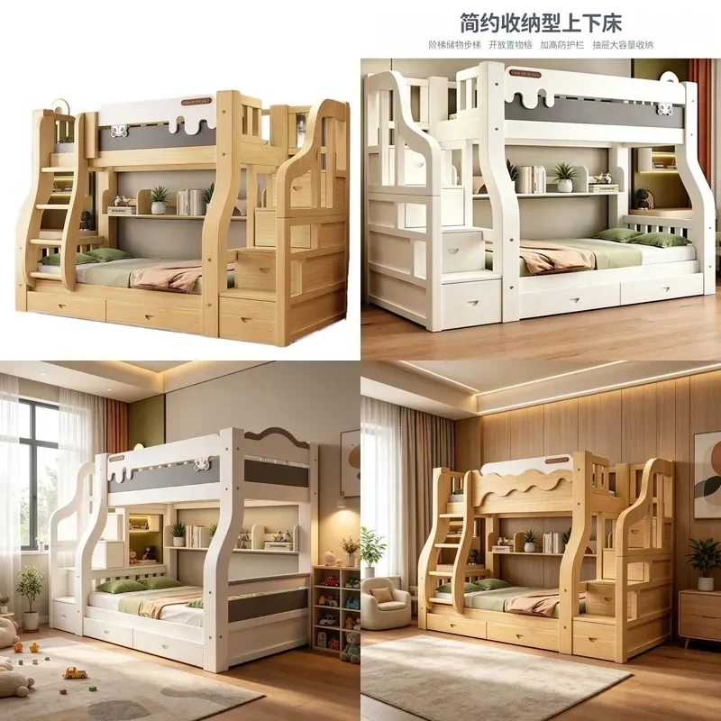 Solid Wood Bunk Bed Thickened Frame Multifunctional Loft Design Parent Child Sleeping Space Durable Furniture for Kids Room