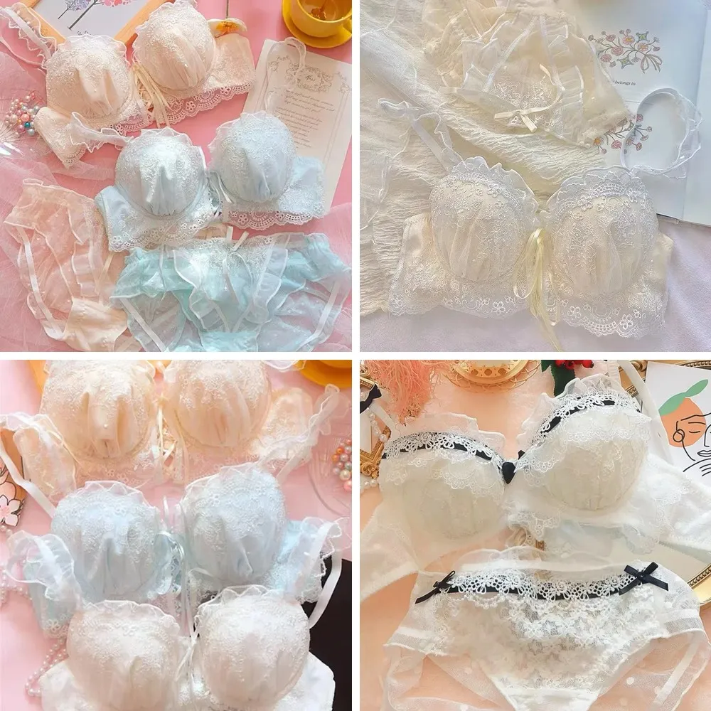 

Plus Size Lace Bra Set No Underwire Push Up Bows Cross Back Lingerie for Women