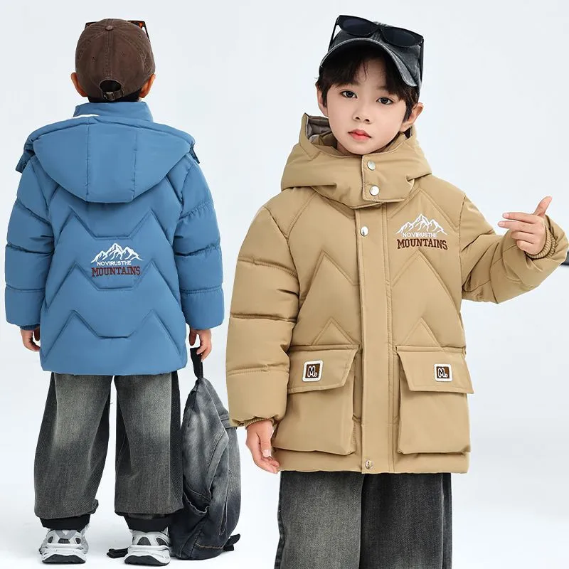 4-12T Boys Parkas Winter Plus Velvet Thicken Warm Coat Children'S Outerwear Fashion Hooded Letters Print Jackets High Quality