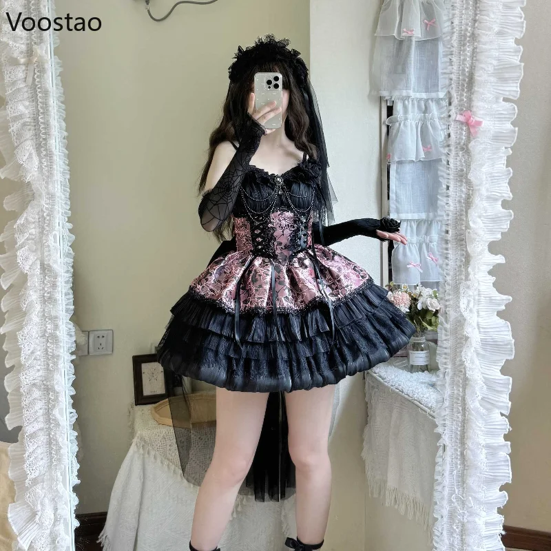 Japanese Victorian Sweet Lolita Dress Women Punk Style Gothic Lace Eveing Party Dresses Harajuku Girl Y2k Cosplay Princess Dress