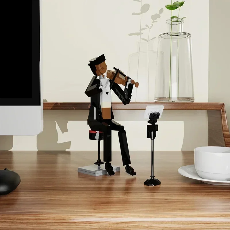 MOC 창의적인 도시 밴드 바이올린 첼로 트럼펫 더블 베이스 재즈 연주 장면 음악 피아니스트 피규어 블록 모델 어린이 장난감 선물