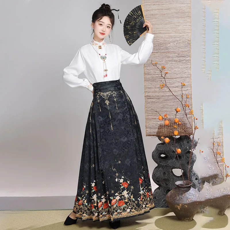 Chinese Style Traditional Pleated Skirt For Women Black Mamianqun Hanfu improved Hanfu casual solid color shirt set 2024 New