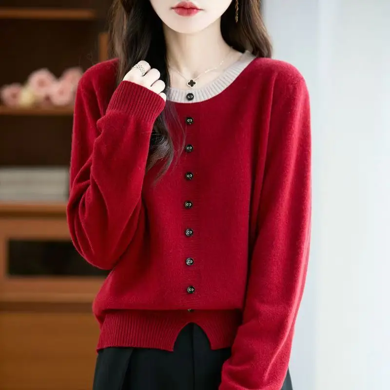 

Women's Clothing O-neck Chic Patchwork Knit Pullovers Autumn Winter New Elegant All-match Fake Cardigan Single Breaste Sweaters