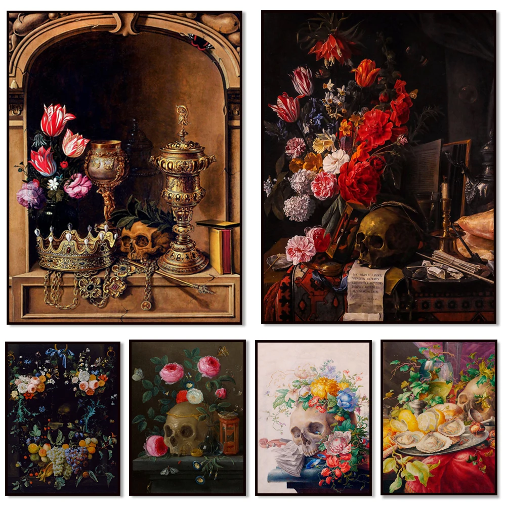 

Vanitas Still Life | Skulls and Flowers | Souvenir Mori | Death Wall Art | Creepy Printable | Skull Art Decoration Poster