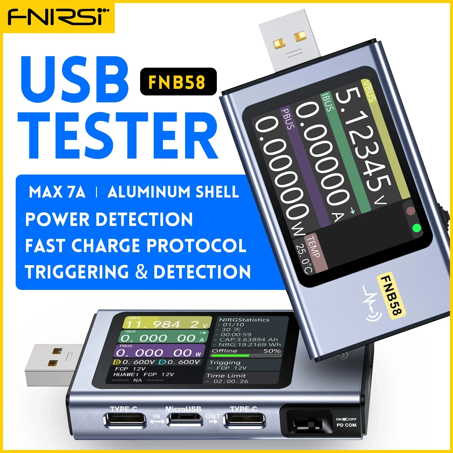 FNIRSI-FNB58 USB Tester Voltmeter Ammeter TYPE-C Fast Charge Detection Trigger Capacity Measurement Ripple Measurement