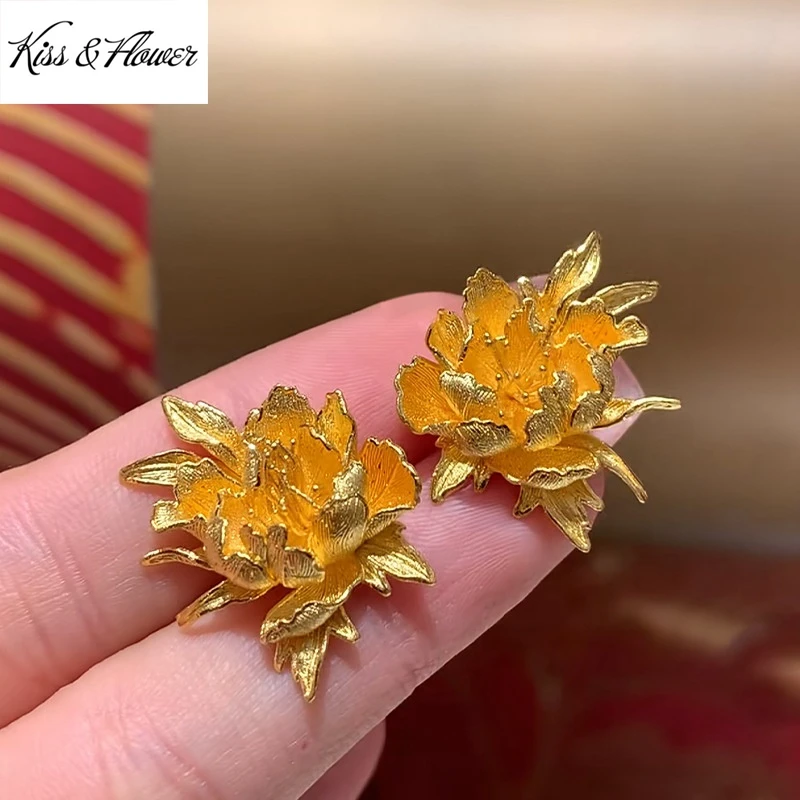 KISS&FLOWER 24KT Gold Vintage Peony Stud Earrings For Women Wedding Party Birthday Christmas Bride Mother Girl Lady Gifts ER604