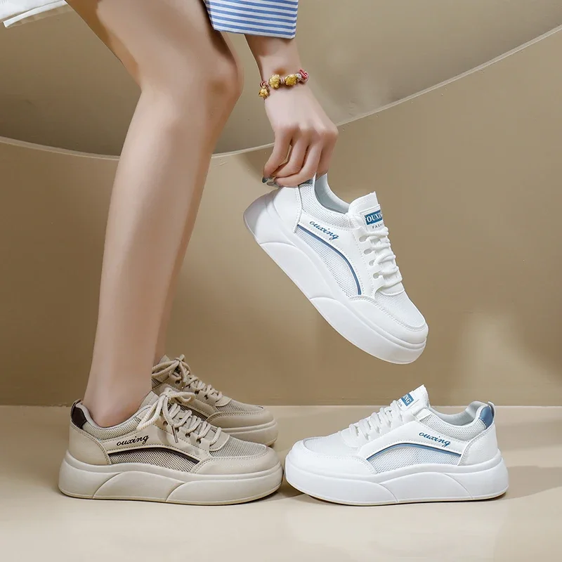 صيف جديد! النسخة الكورية من الأحذية الشبكية المجوفة القابلة للتنفس - لوح كاجوال رياضي سميك ونماط أحذية بيضاء صغيرة