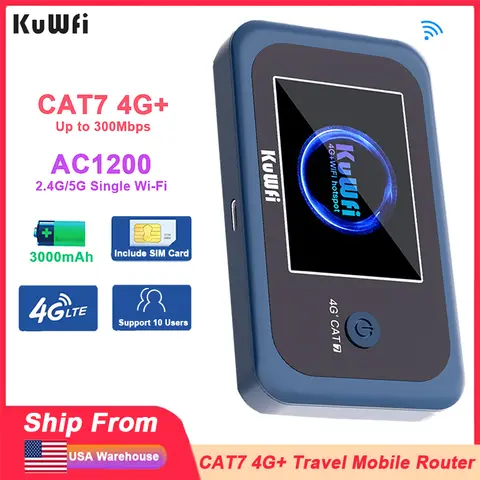 KuWFi Travel CAT7 4G+ Router AC1200 2.4G/5G Single Band WiFi Portable 4G Modem 3000mAh Battery Mirco SIM Slot Support 10 Users