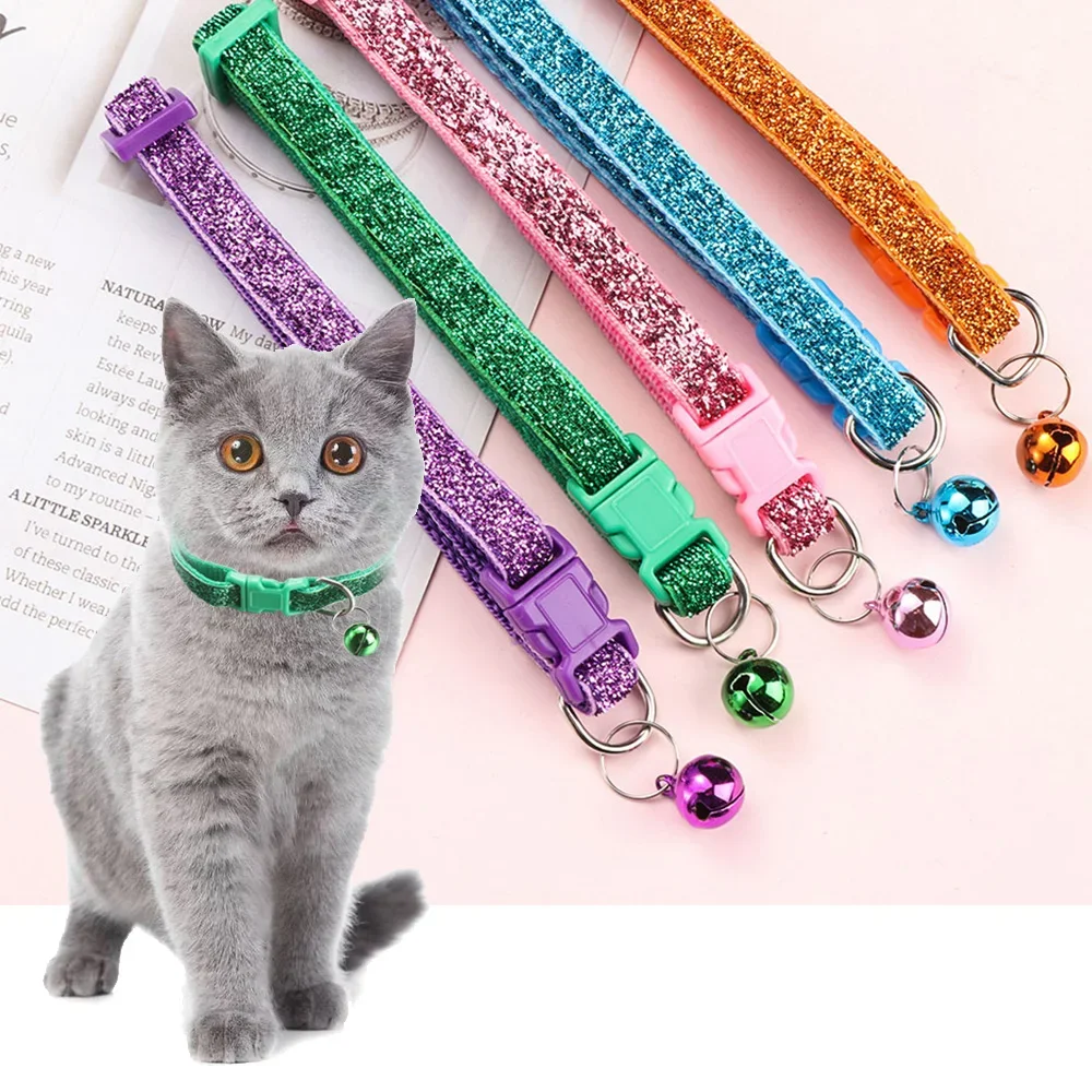 1PC Colorful Nylon Sequin Bell Pendant Adjustable Dog Cat Collars Puppy Kitten Necklace With Buckle Cat Accessories Pet Supplies