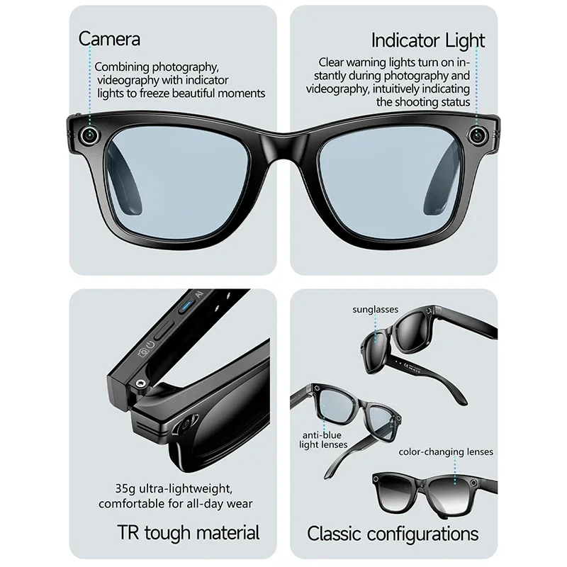 AI Photo Recognition Answer Translation Glasses HD-Definition 800W Camera Music Dual-Mic Call Color-Changing Lens Smart Glasses