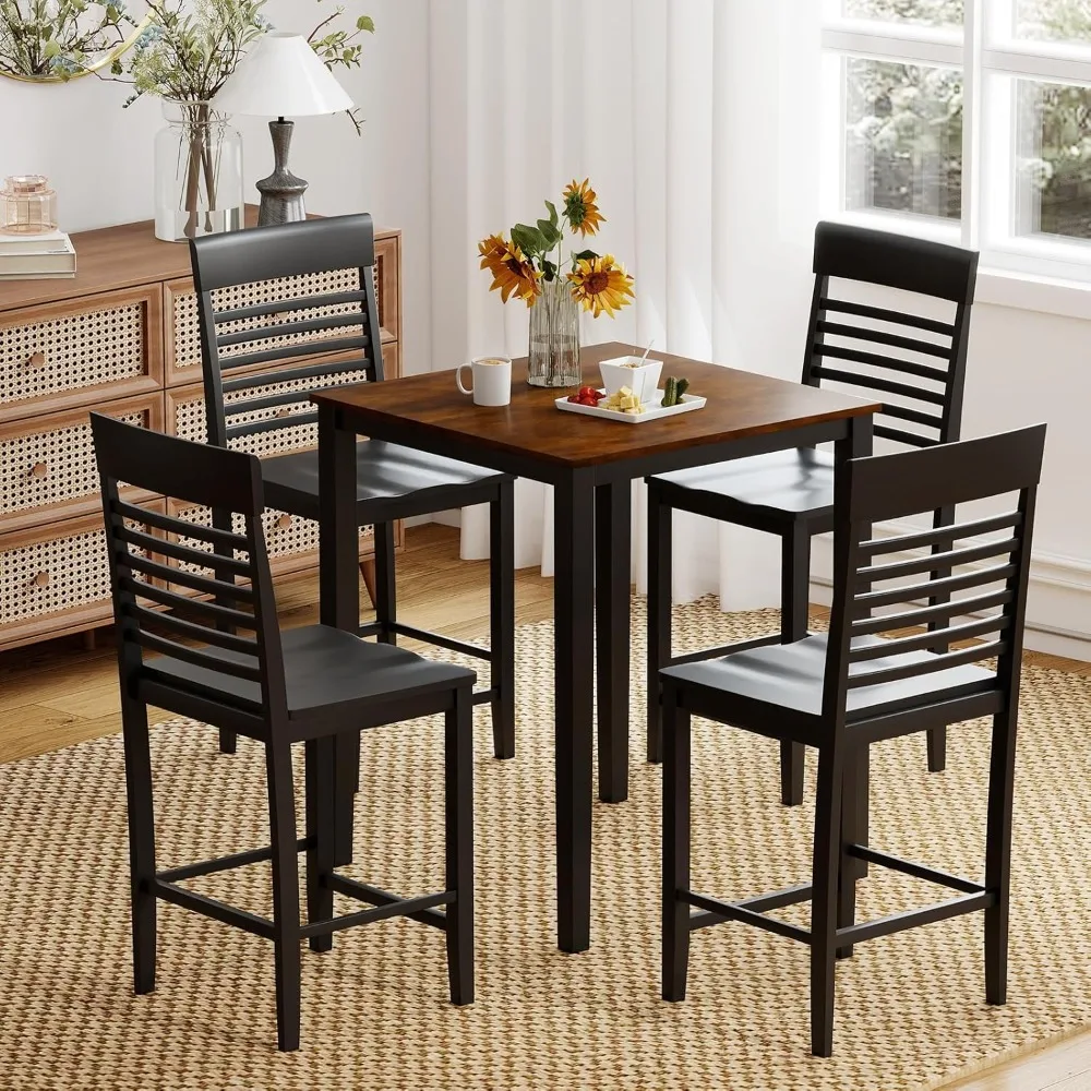 

5-Piece Dining Table Set for 4, Counter-Height Square Kitchen Table and Chairs Set with Rubber Wood Frame, Curved, Customized