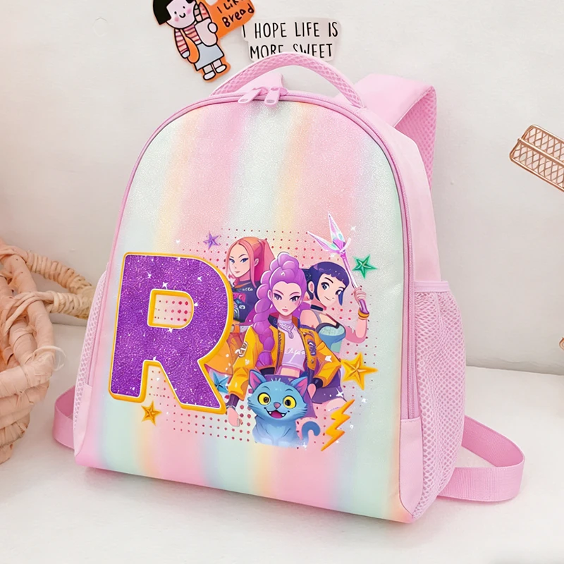 Mochila KPOP Demon Hunters con letras de la A a la Z, mochila escolar con diseño de arcoíris, Rumi Mira Zoey, mochila escolar para estudiantes, mochila de viaje para mujeres y niñas con diseño de película de anime