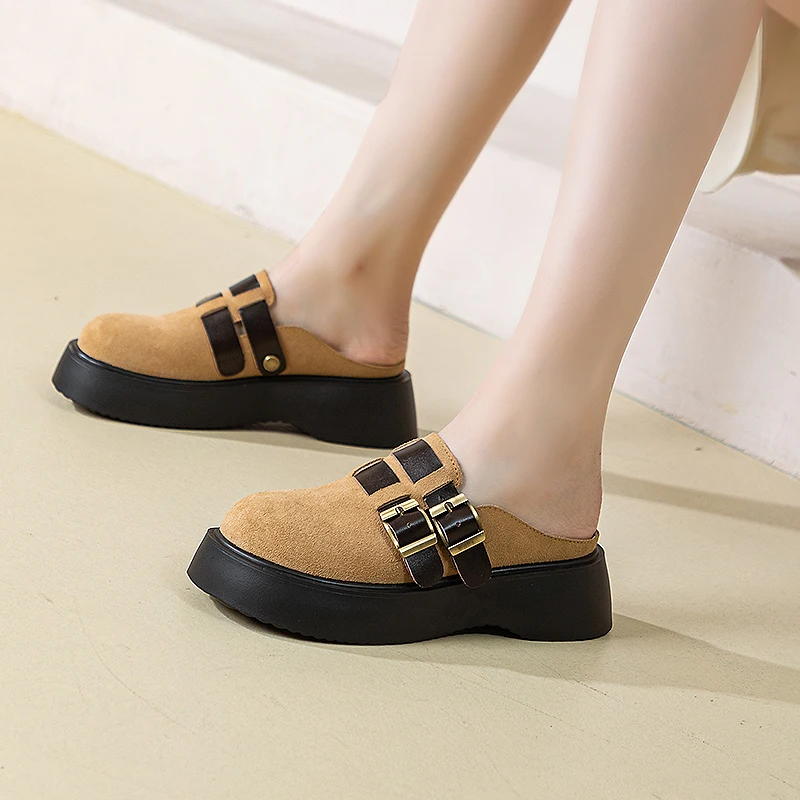 Women Half Slippers Wedge Heel Spring Summer 2024 New Genuine Leather Casual Slippers Women Fashion Closed Toe Slippers Women