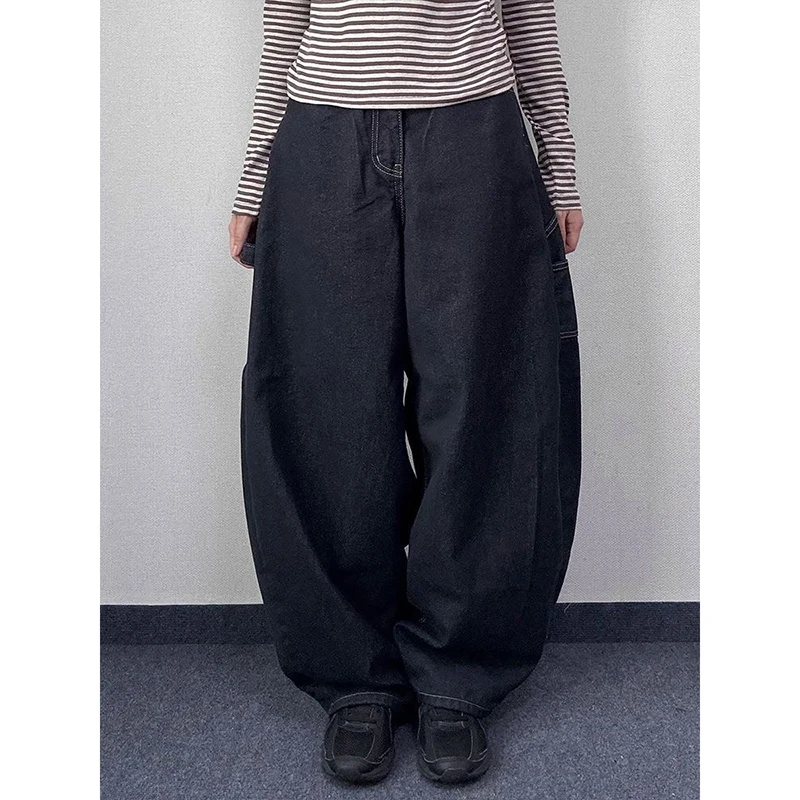 المرأة الأمريكية الرجعية سكين جيب واسعة الساق الجينز ربيع الخريف نمط فتاة ساخنة شارع العليا تصميم فضفاض الطابق طول السراويل