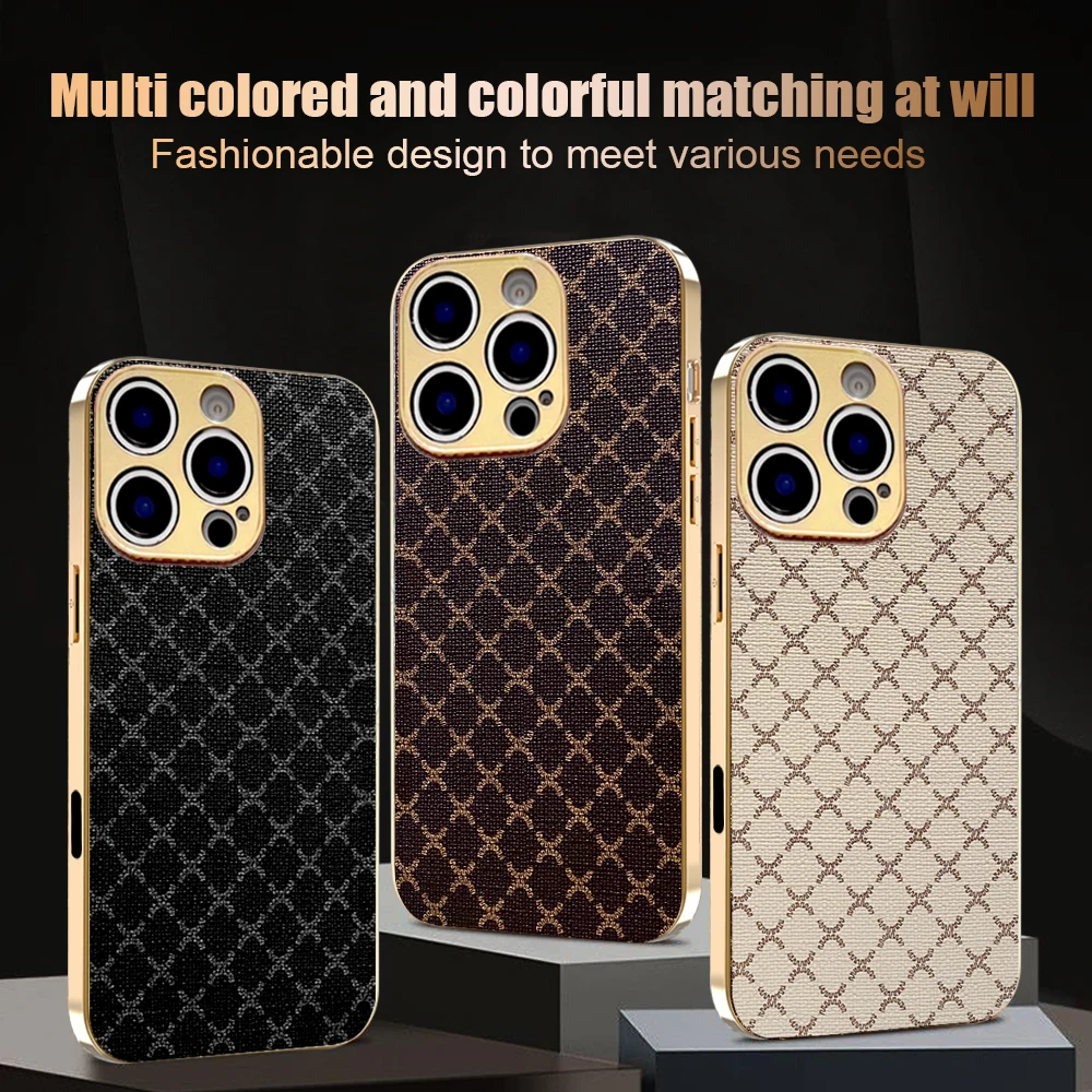 

Ретро сетчатый узор с позолоченной рамкой, твердый кожаный чехол для телефона для iphone 17 PRO MAX 17 AIR 15 PRO 16E 16 PRO 13 14 Plus