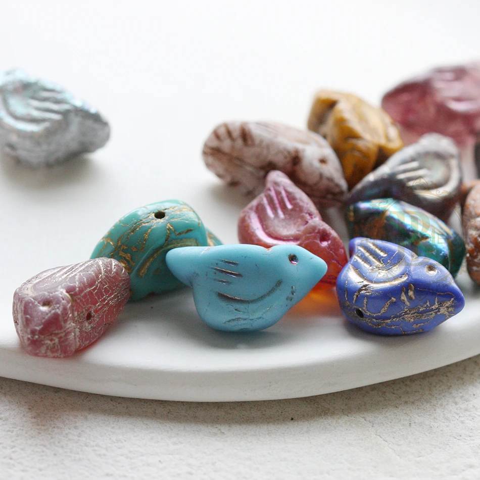 One Piece Czech Aged Glass Bird Bead - Varies Colors - 22x11mm (NVA-12)