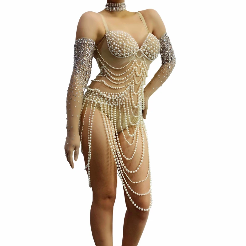 Full Pearls Bodysuit Rhinestones Gloves Women Sexy Pole Dance Gogo Wear Nightclub Dj Ds Rave Outfit Drag Queen Costume XS7390