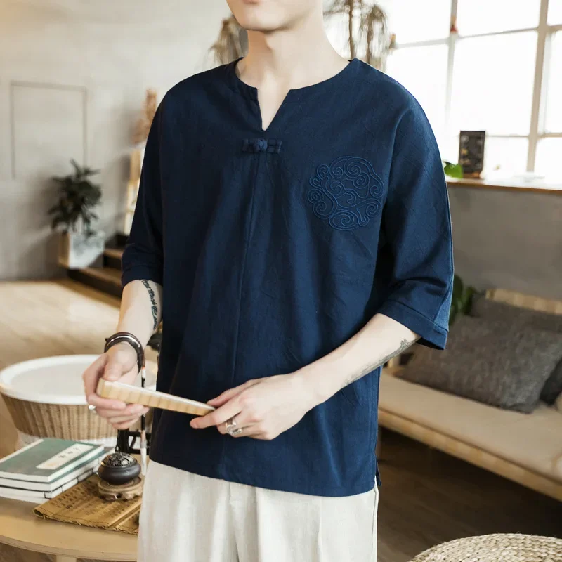 Men's Short Sleeved Summer New Retro Knot Button Loose Large Size Top Chinese Style Cotton Linen Three Quarter Sleeved T-shirt