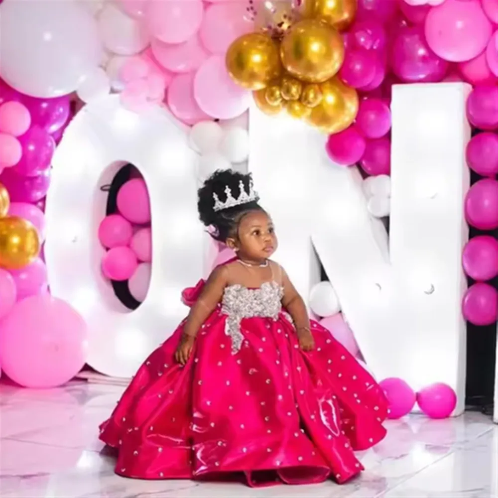 

Customized Flower Girl Dress For Wedding Appliques Beading Bow Floor Length Puffy Kids Birthday Princess First Communion Gown