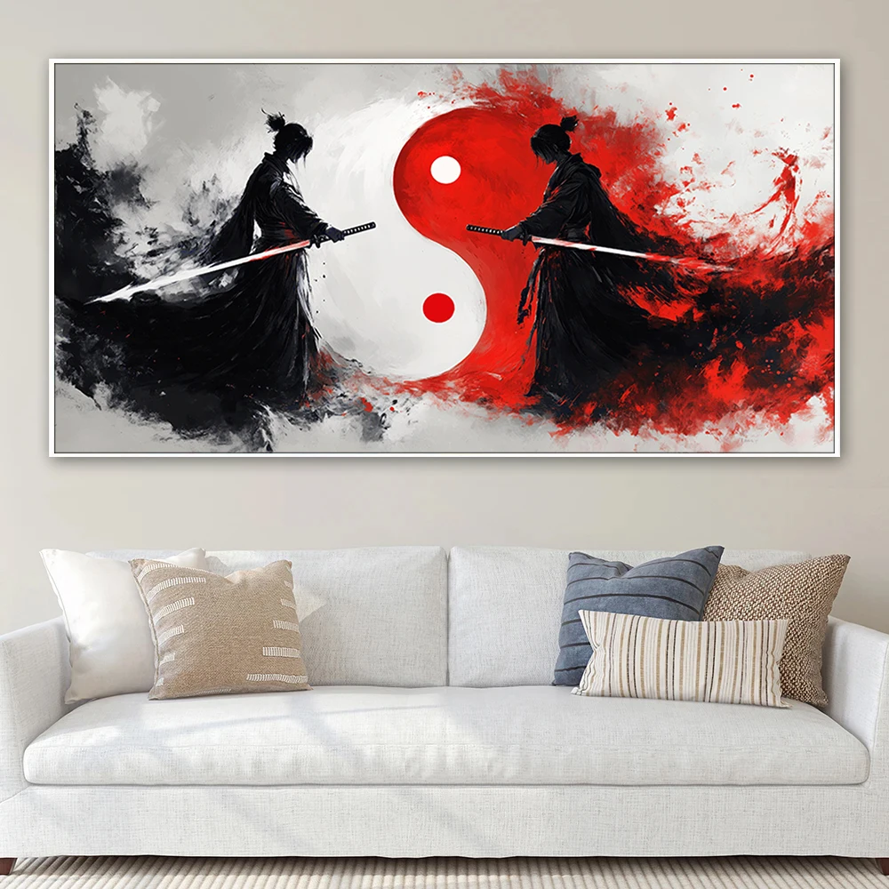 Yin and Yang Samurai Duel Canvas Painting Japanese Style Posters Prints Wall Art Pictures for Bedroom Living Room Home Decor