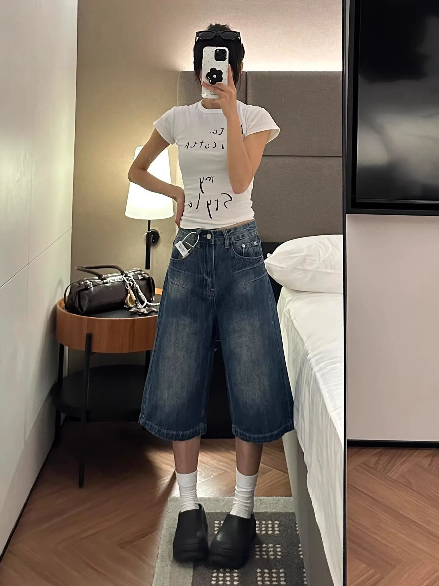 

American Deep Blue Wide Leg Seven-Foot Denim Jeans Women's Summer Thin High Waist Loose Small Size Straight Tube Mid-Pants