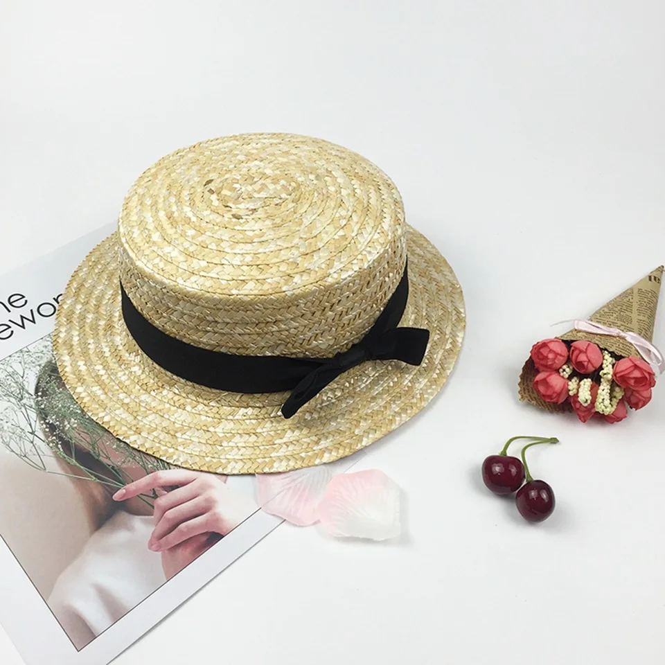 Kids girls nature sun hat Flat Bowler hat Wheat Straw hat Boy Children women casual summer beach hat bow ribbob sunscreen hats