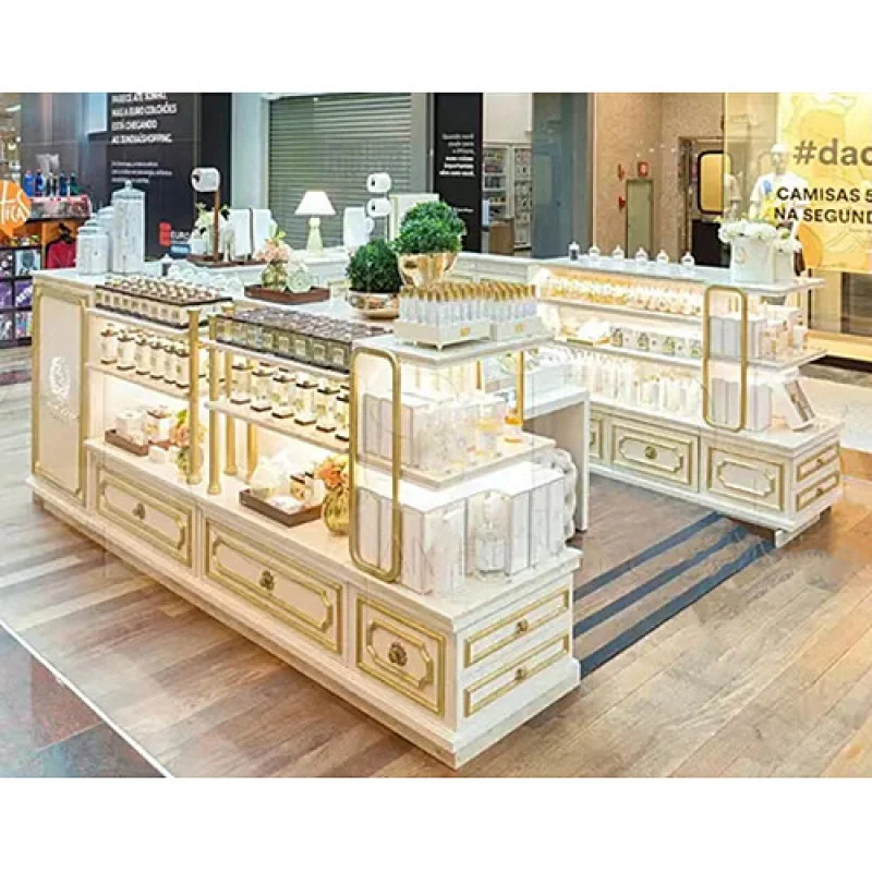 Custom, high end white and gold glass display showcase perfume kiosk display counter for shopping mall